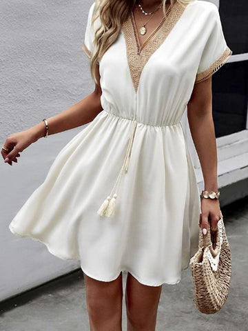 Bohemian V Neck Lace Up Stitching Midi Dress